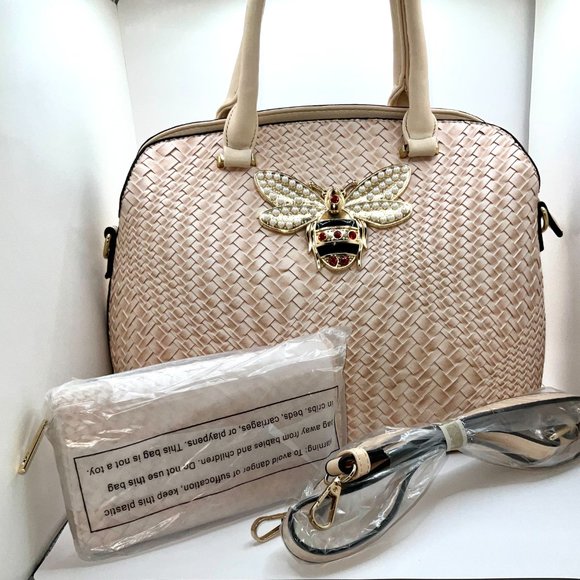 Handbags - Queen Bee Weave Satchel with Wallet Cream